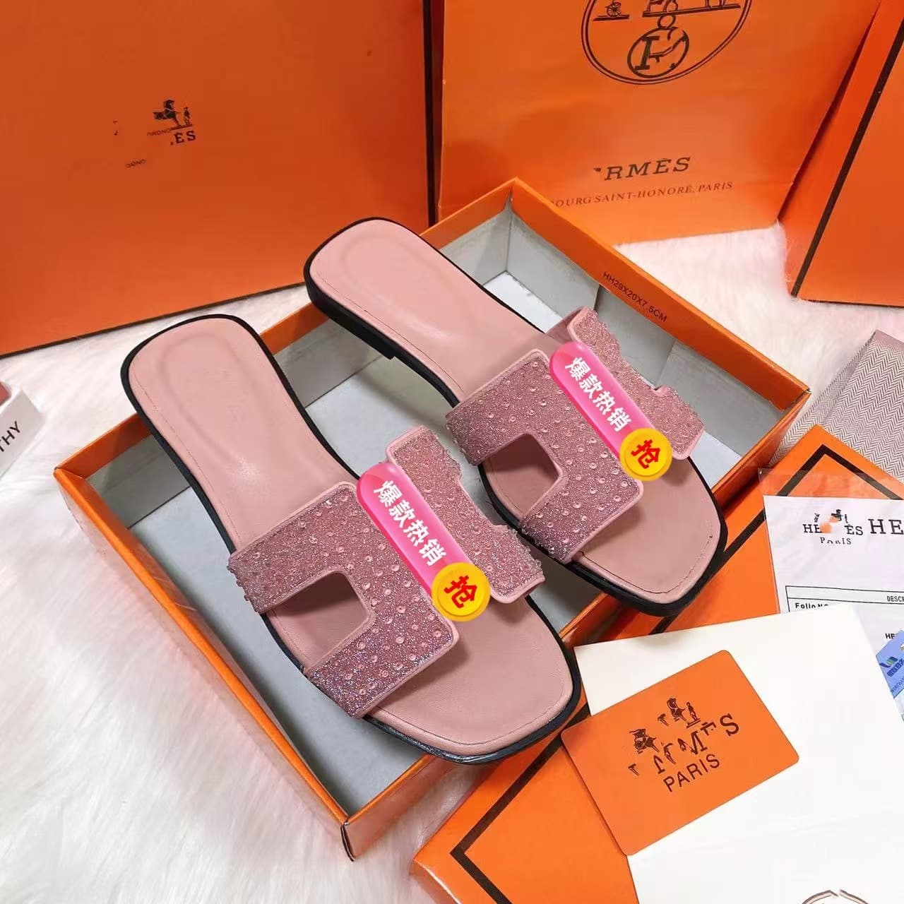 Cross-border Influencer H Brand Flat Shoes Women Original Stock Rhinestone One-Strap Square Toe Slippers Lady Slippers