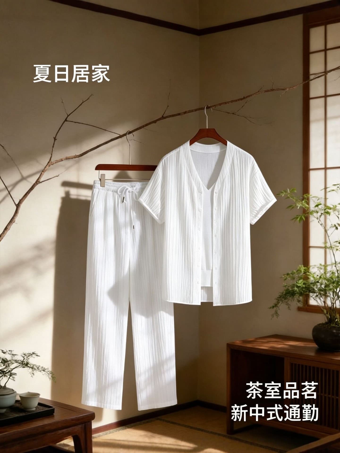 Summer Pleated Texture Short-Sleeve Set for Men, New Chinese Style V-Neck Shirt with Elastic Waist Pants, Casual Two-Piece Set, Cross-Border Manufacturer