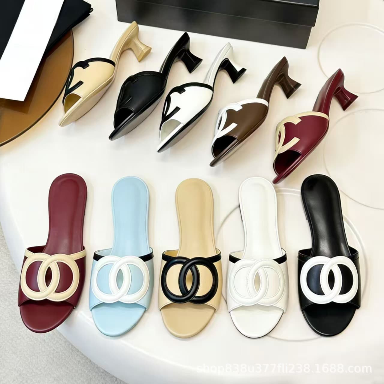 Correct Version - Little Chanel Double C Slippers Pig Nose One-Strap Slippers French Hollow Flat Half Slippers Mid-Heel Summer Slippers