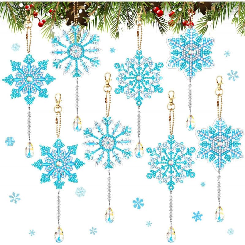 5D 8-Piece 5D Christmas Diamond Painting Kit DIY Dot Diamond Wind Chime Double-Sided Snowflake Decoration with Crystal Hanging