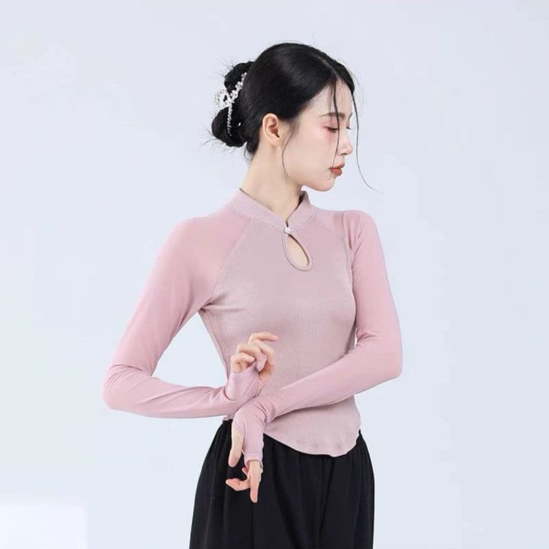 Women's Long-Sleeve Yoga T-Shirt, Elegant Retro Chinese-Style Dance Performance Wear, Slim-Fit Traditional Dance Top
