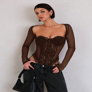 Pure Sexy Style Underwire Lace Bodysuit Polka Dot Mesh Long Sleeve Cover Slim Fit European and American Atmosphere Top