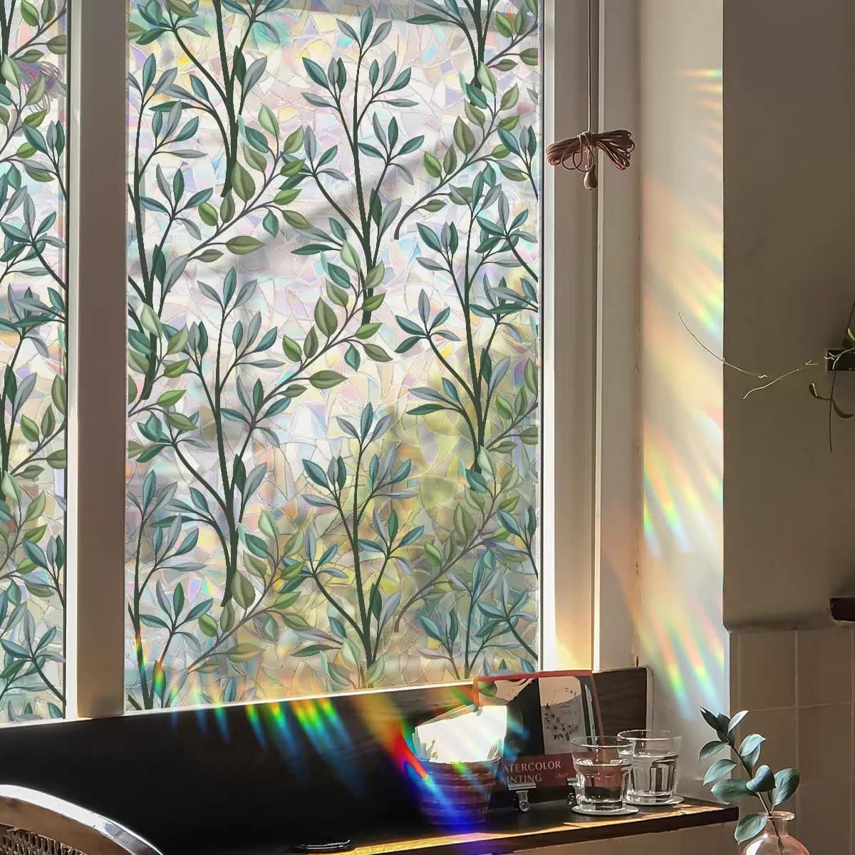 Laser green leaf glass sticker, privacy and light-transmitting bathroom film, privacy protection glass window.