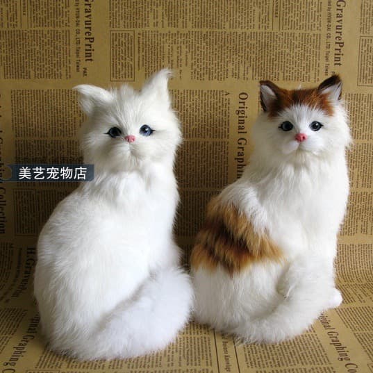 Artificial cat decorative ornaments, realistic cat models, including Persian cats, tabby cats, and kittens.