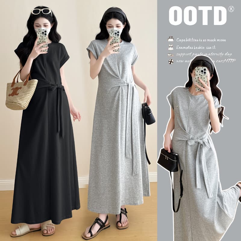 Maternity Dress 2026 Summer New Korean Fashion Design Belted Casual T-Shirt Dress