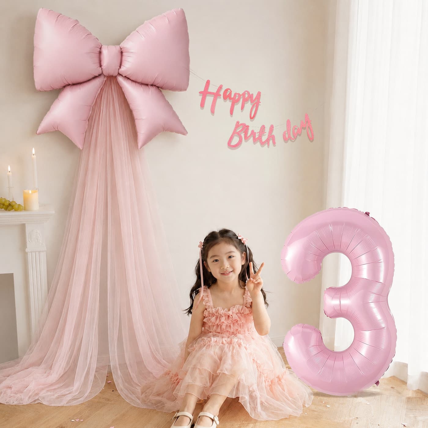 Girl's Birthday Pink Bow Balloon Tulle Set for Children's First Birthday Party Background Decoration Photo Props