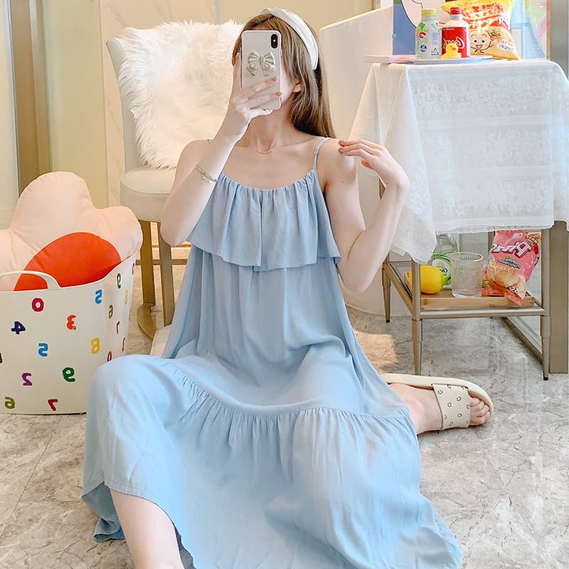 Cotton Silk Sleep Dress Women's Sexy Spaghetti Strap Thin Artificial Cotton Pajamas Homewear Japanese Sweet Internet Celebrity Plus Size Cotton Silk Dress