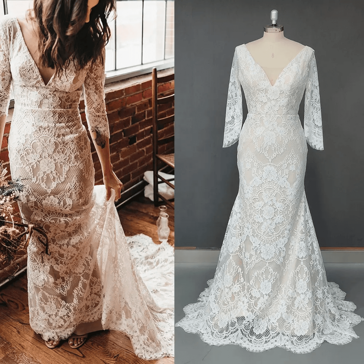 Wedding Dress V-Neck Backless Lace French Elegant Light Wedding Dress Waist-Cinching Mermaid Small Train