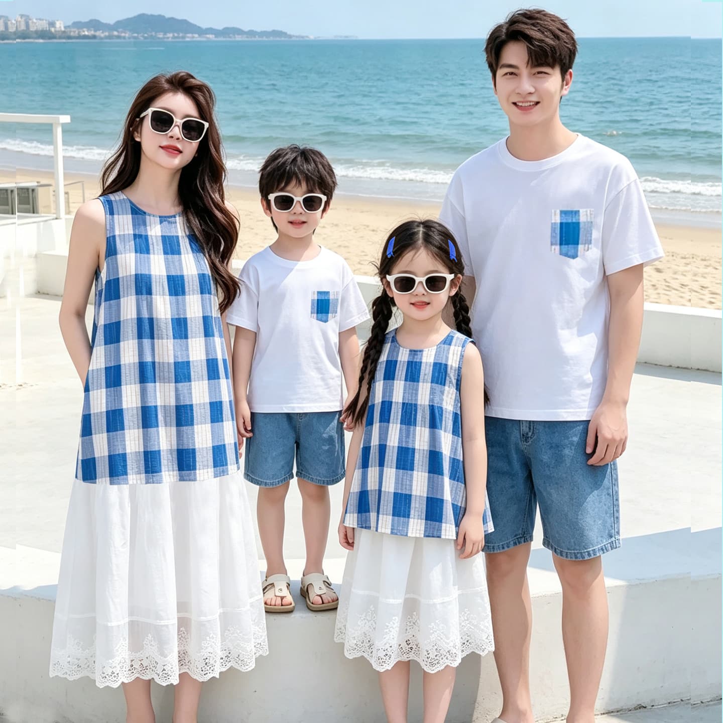 2026 Summer New Blue Plaid Vest for Beach Vacation, Sleeveless Mother-Daughter Dress, Beach Princess Dress