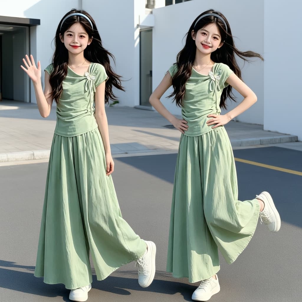 Girls' Outfit Summer New Style Girls' Trendy Mid-Large Children Wide-Leg Pants Kids Cool Bow Short T Two-Piece Set