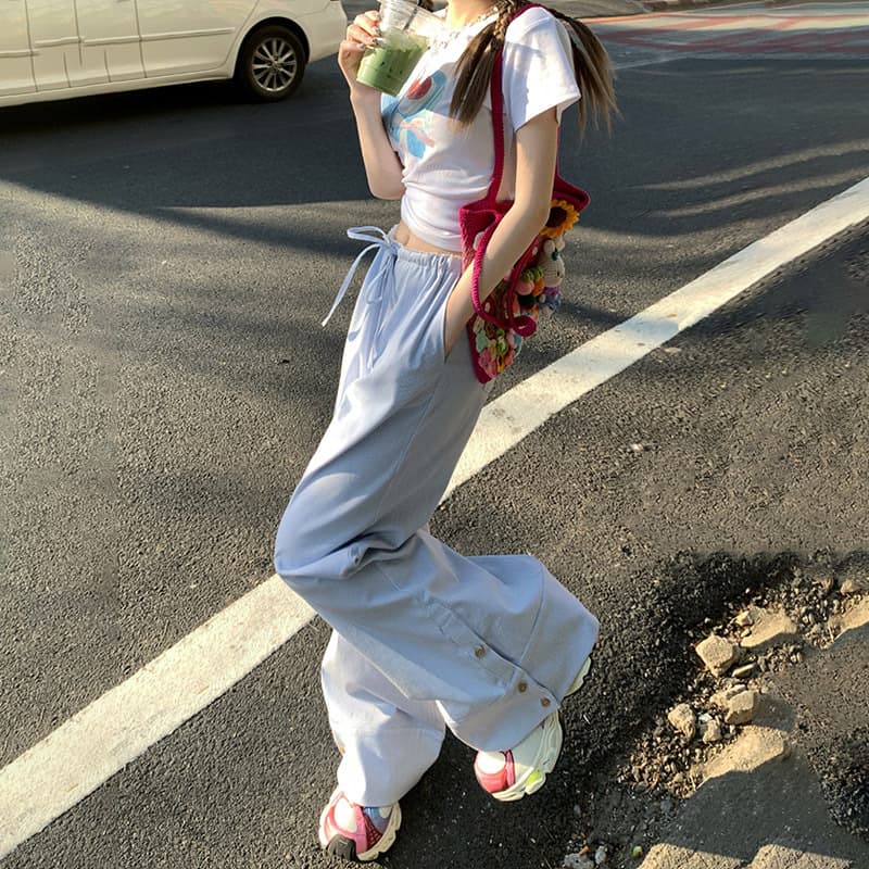 YC & 2 Color Retro Low Waist Vertical Stripe Wide Leg Pants Hanging Mop Pants Thin Loose Lazy Drawstring Casual Pants for Women