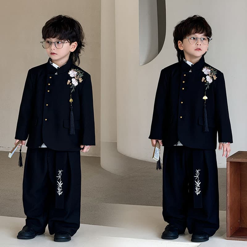 Boys' 2025 Spring/Autumn New Peach Blossom Embroidered Blazer, Children's Suit Set, Trendy Kids' Wear with Drop Shipping