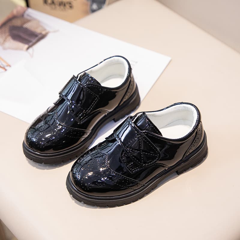 2026 Spring/Autumn New Casual Lace-Up Black Boys Leather Shoes Hollow Slip-On Breathable British Korean Style Toddler Kids Shoes