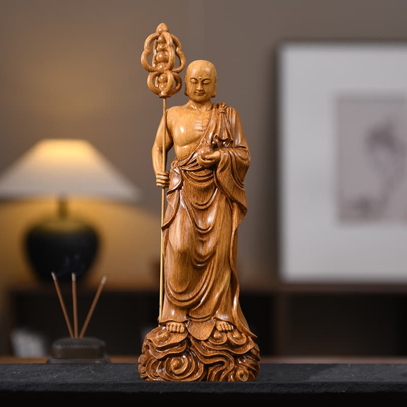 Premium Zen Style Wooden Carved Buddha Statue Display Piece Decorative Living Room Tea Table Antiquities Shelf Resin Craft