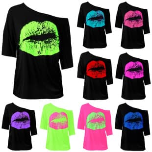 Amazon EU/US Vintage Women's Retro Big Lips Print 80s Fashion Asymmetrical Half Sleeve T-Shirt