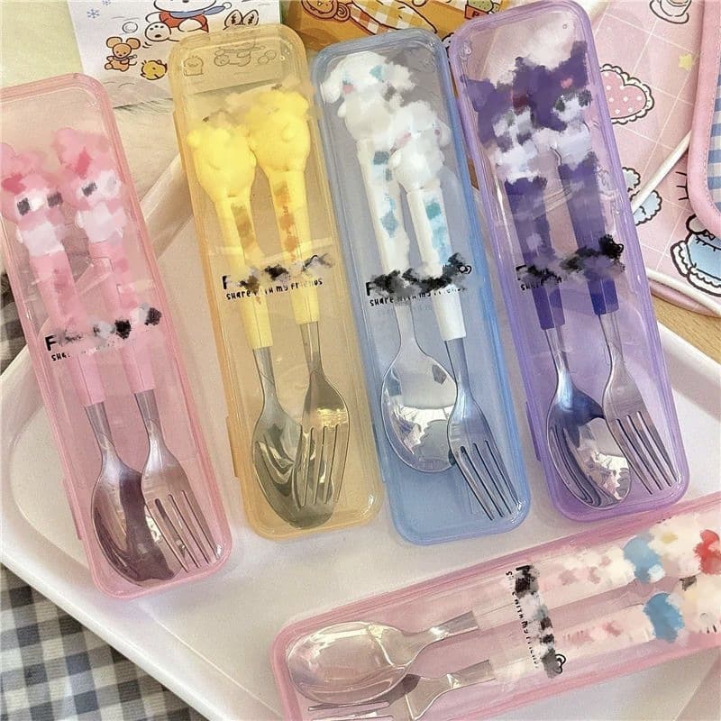 Portable Tableware Stainless Steel Spoon Set Cute Cartoon Children's Tableware Student Outdoor Travel Fork Two-Piece Set