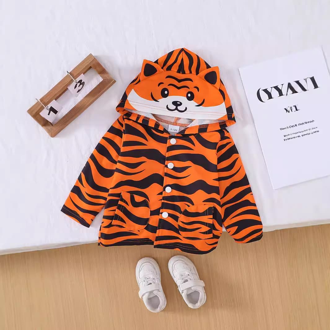 Baby Boy Tiger Print Fun Animal Hooded Long-Sleeve Cardigan for Spring and Fall