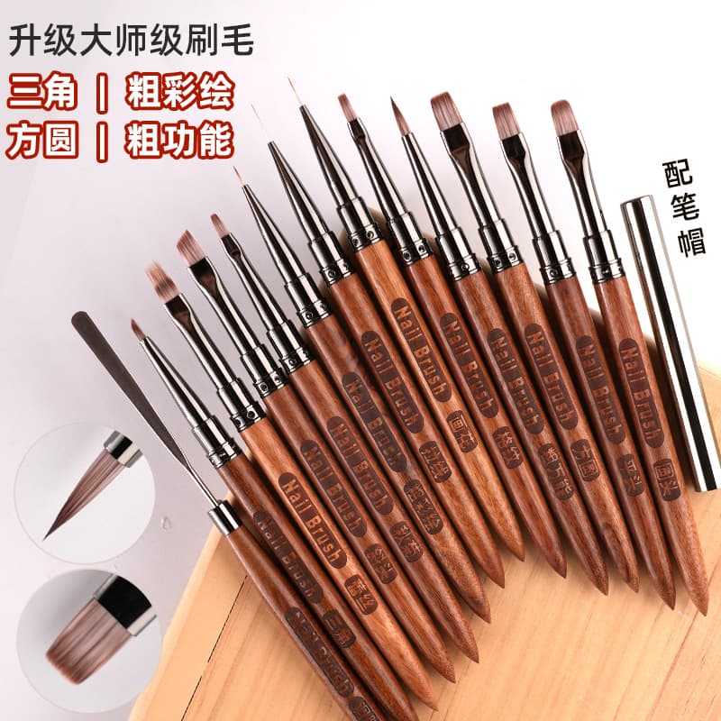 Cardamom Quality Japanese-style Sandalwood Nail Art Brush Set: Square Round Brush, Triangle Painting Brush, Plaid Flower Drawing Brush, Gel Mixing Stick