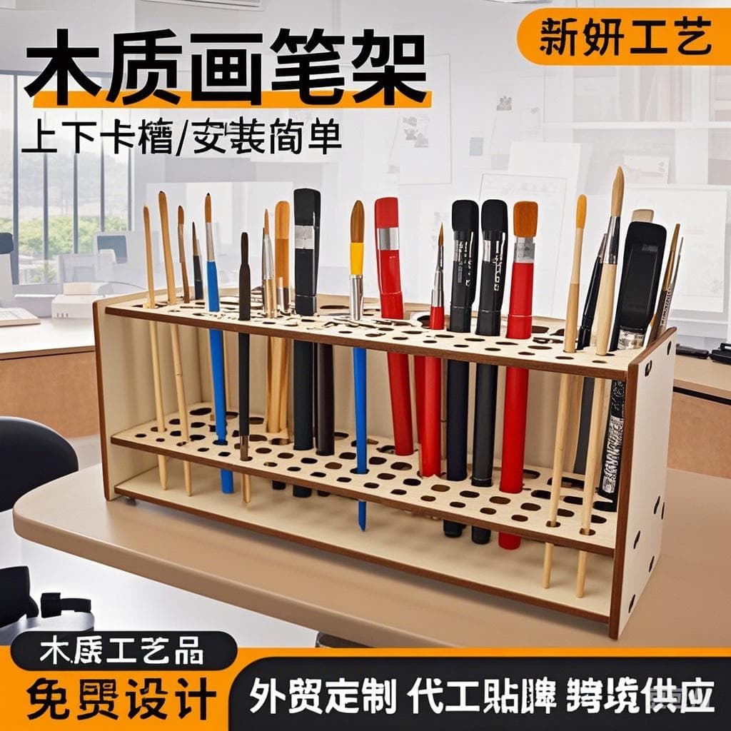 Wooden paintbrush holder large capacity storage porous support office desk pen storage bracket removable wall hanging rack ornaments