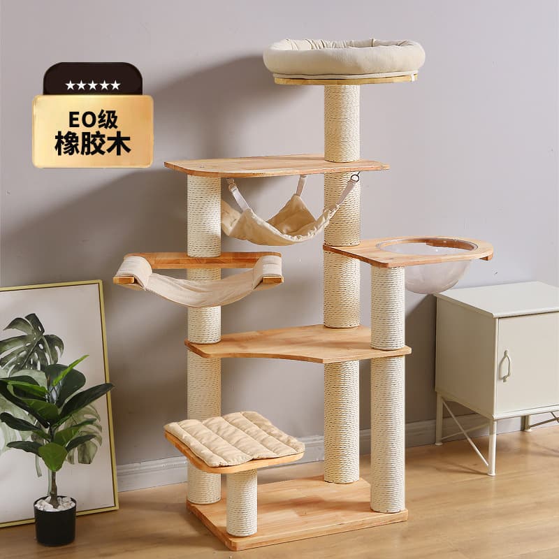 Solid Wood Cat Tree with Cat House and Scratching Post, Imported Oak Wood Cat Furniture, Toys, and Scratching Board for Cats