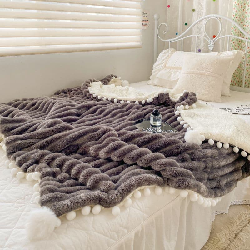 Lamb Fleece Fringe Ball Nap Leisure Throw Blanket, Office Sofa Blanket, Popular Solid Color Simple Design