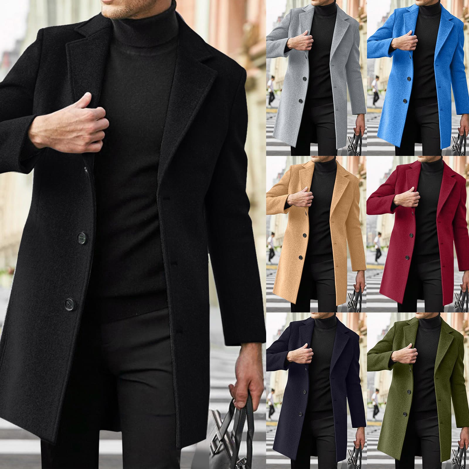 2025 New Cross-Border Amazon Men's British Mid-Length Wool Coat Autumn Winter Woolen Overcoat Trench Coat