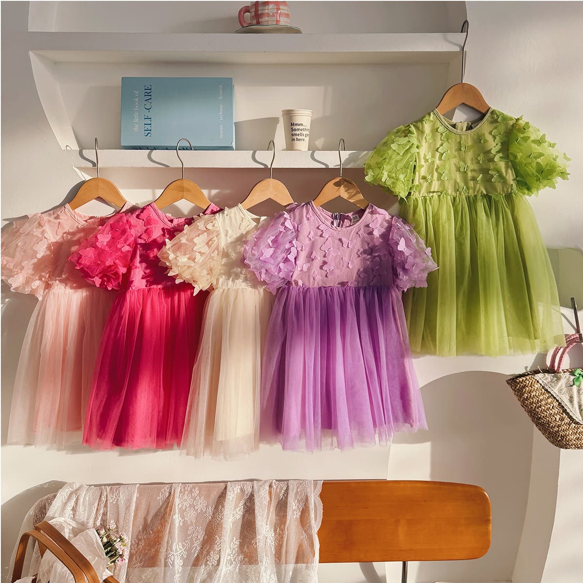 Korean Style Girls Princess Dress Summer Stylish Little Girl Puff Sleeve Flower Dress Baby Girl Dress Tulle Skirt