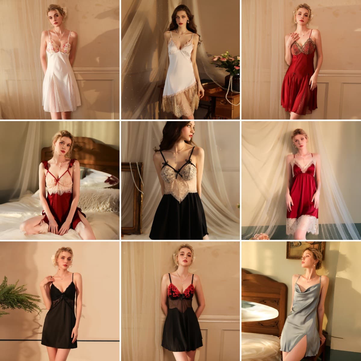 Muffy multi-style sexy pure lust lace nightgown with deep V suspenders mesh splicing satin skin-friendly close-fitting home wear