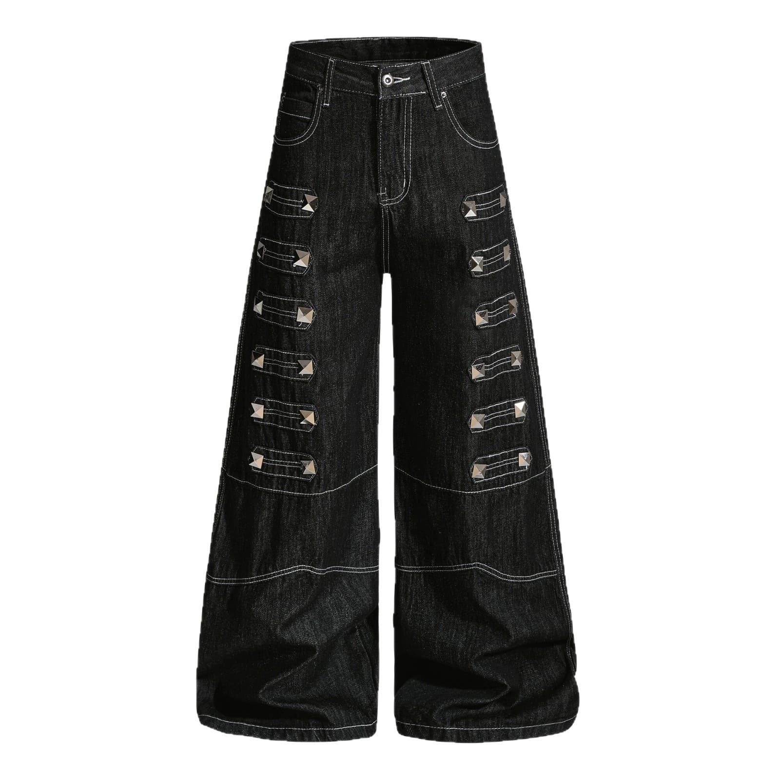 Cross-border Exclusive American Heavy-duty Rivet Visible Stitching Raw Denim Jeans Unisex Y2K Punk Flared Pants