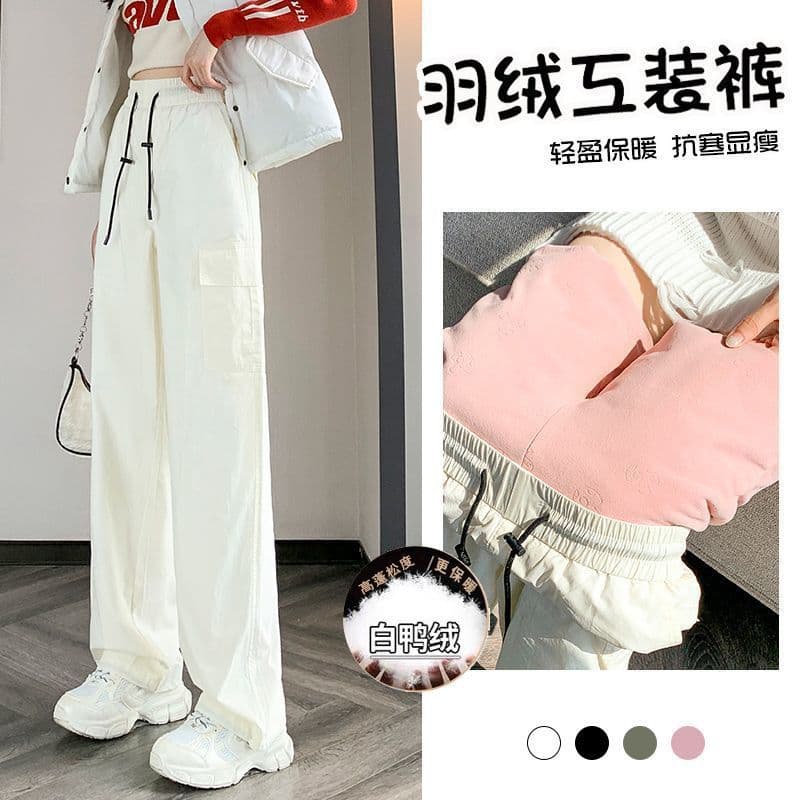 White Duck Down Cargo Pants Women Winter New Off-White Thickened Warm Fashion Northeast Cotton Pants