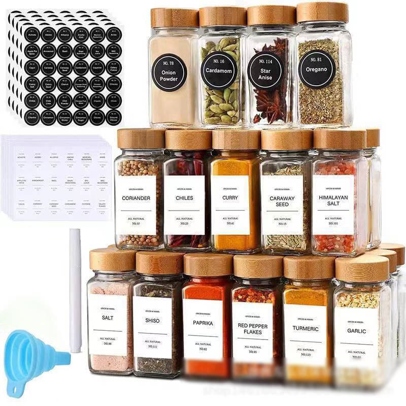 Amazon Cross-border Square Glass Jar Acacia Wood Lid Kitchen Seasoning Bottle Pepper Shaker Spice Dispenser Bottle Packaging