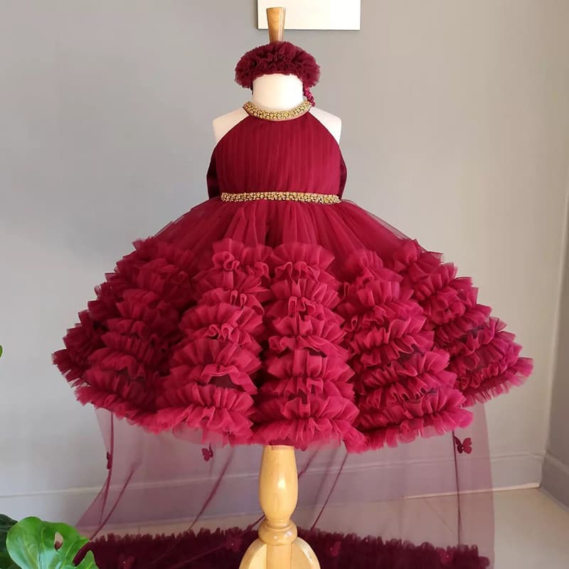 2026 Summer Girls' Sweet Halter Dress, Puffy Tutu Performance Dress, Hosting Dress, Flower Girl Princess Dress for First Birthday Party