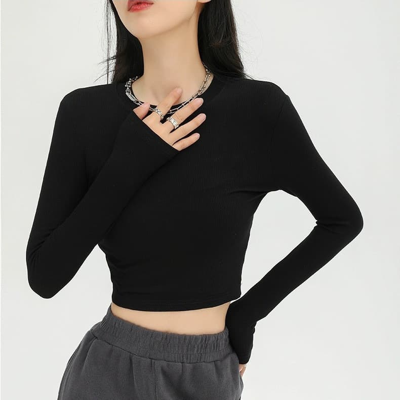 American Autumn and Winter Short and Long Sleeve Crop Tops, Slim Fit Stretch Base Layer Shirts for Women, Slimming Cross-Border
