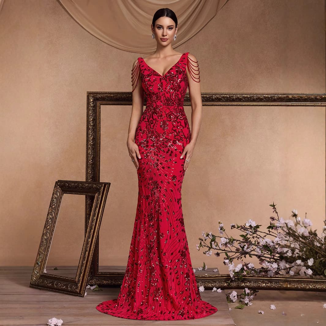 European-American New Sequin Beaded Evening Gown for Women, Banquet Sexy Elegant Slim Fishtail Long Dress, Toast Dress