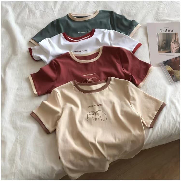 2024 Summer New Women's T-Shirt Short Sleeves Crew Neck Color Block Slim Fit Casual Korean Style Base Layer Top Student Clothing