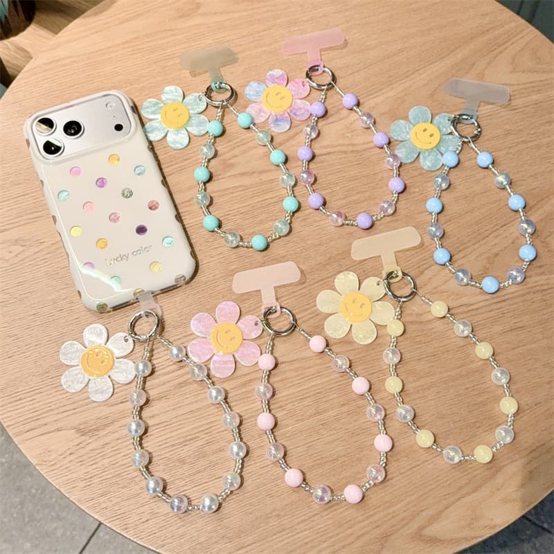 Fashionable shell smiley face flower starlight beaded mobile phone chain mobile phone case lanyard short key pendant chain ins style