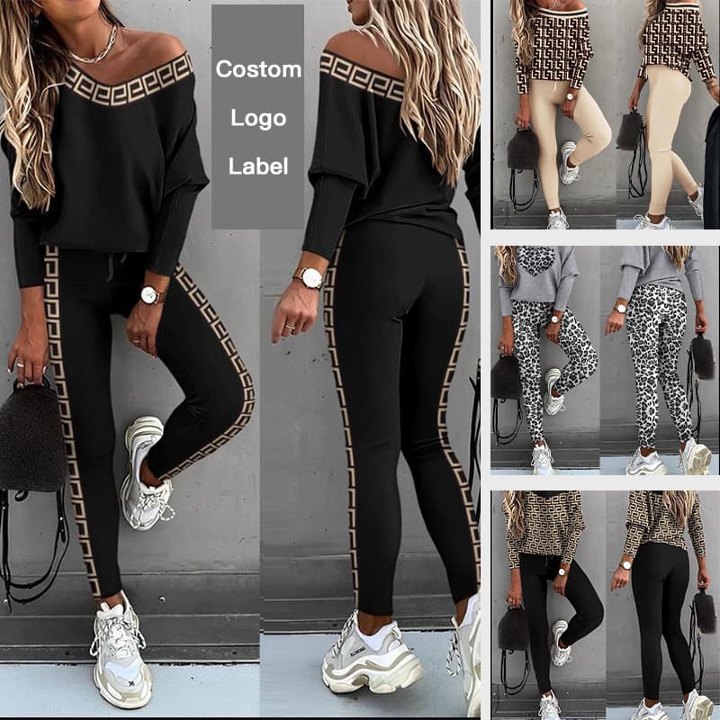 Cross-Border Hot-Selling European and American Fashion Women's Long-Sleeved Pants Suit Spliced V Neck Sexy Sloping Shoulder Sports Multi-Color Suit