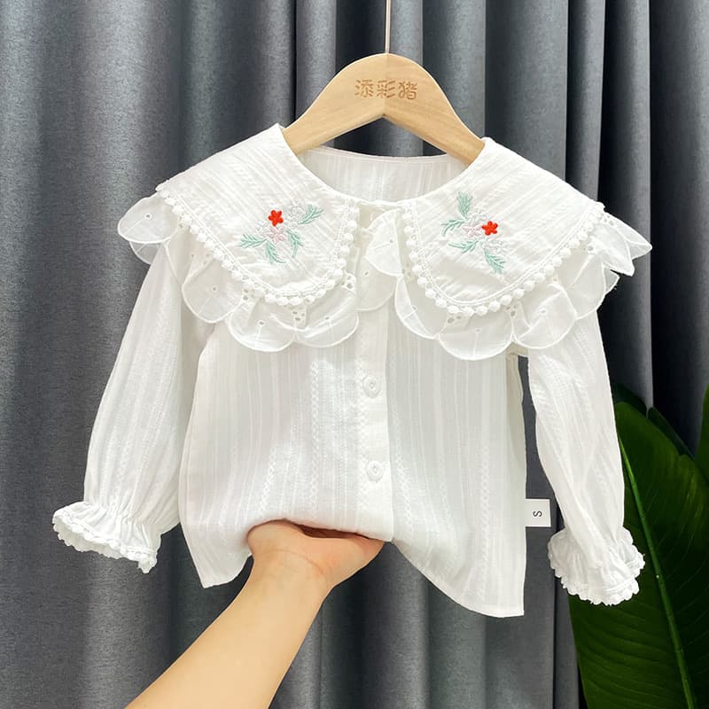 Girls' shirts 2026 spring new white shirt double collar lace Korean style style baby bottoming shirt spring and autumn