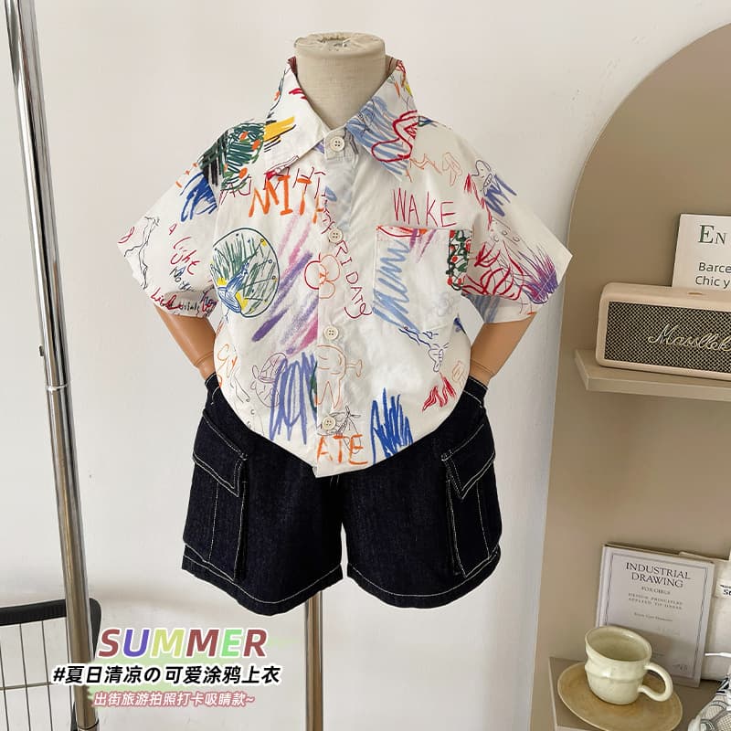 Nausicaa of the Valley of the Wind 2026 Summer New Stylish Children's Graffiti-Style Printed Short-Sleeve Shirt, Personalized Boys' Half-Sleeve Shirt