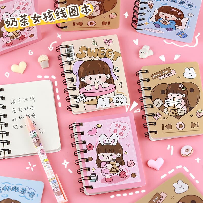 Side flip cartoon coil notebook primary school student milk tea girl notebook pocket notepad high-looking portable diary