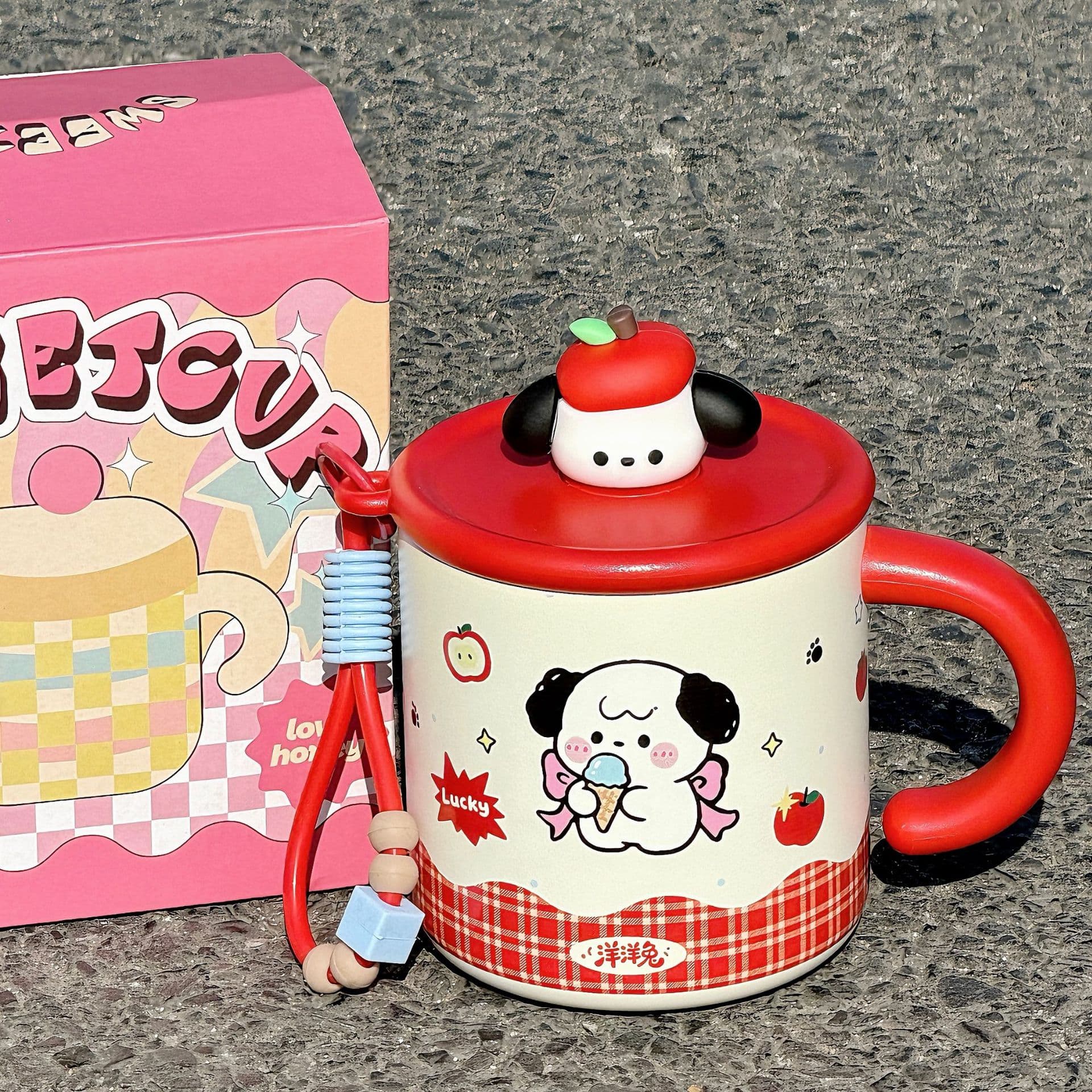 Apple Dog Desktop Mug Cute Cartoon Ins Stainless Steel Insulated Cup with Lid and Straw Coffee Cup for Women