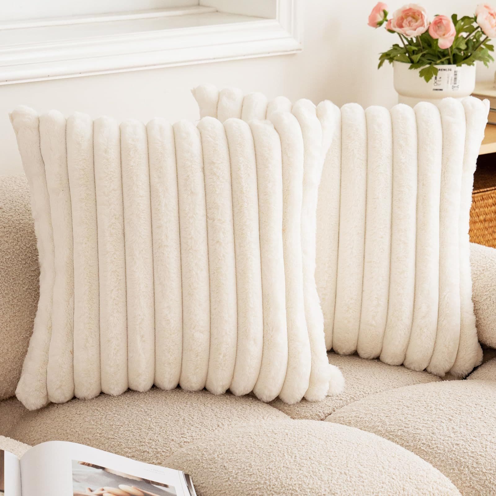 Modern Minimalist Style Rabbit Fur Pillowcase Plush Vertical Stripes Rectangular Cushion Cover Velvet Back Polyester Fiber