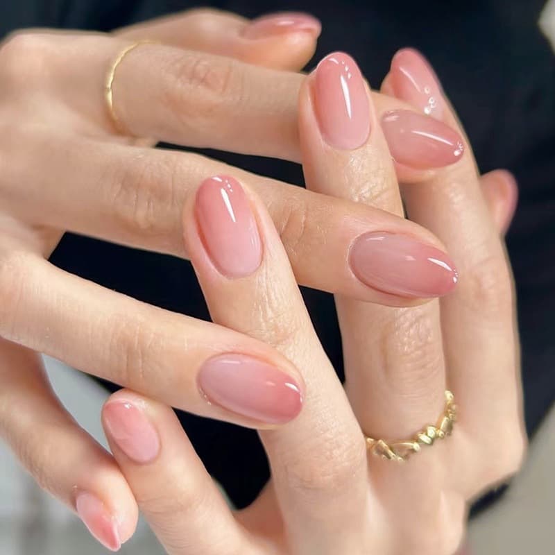 Simple Gradient Pink Bean Paste Color Short Round Tip Press-On Nails French Style Removable Finished False Nails