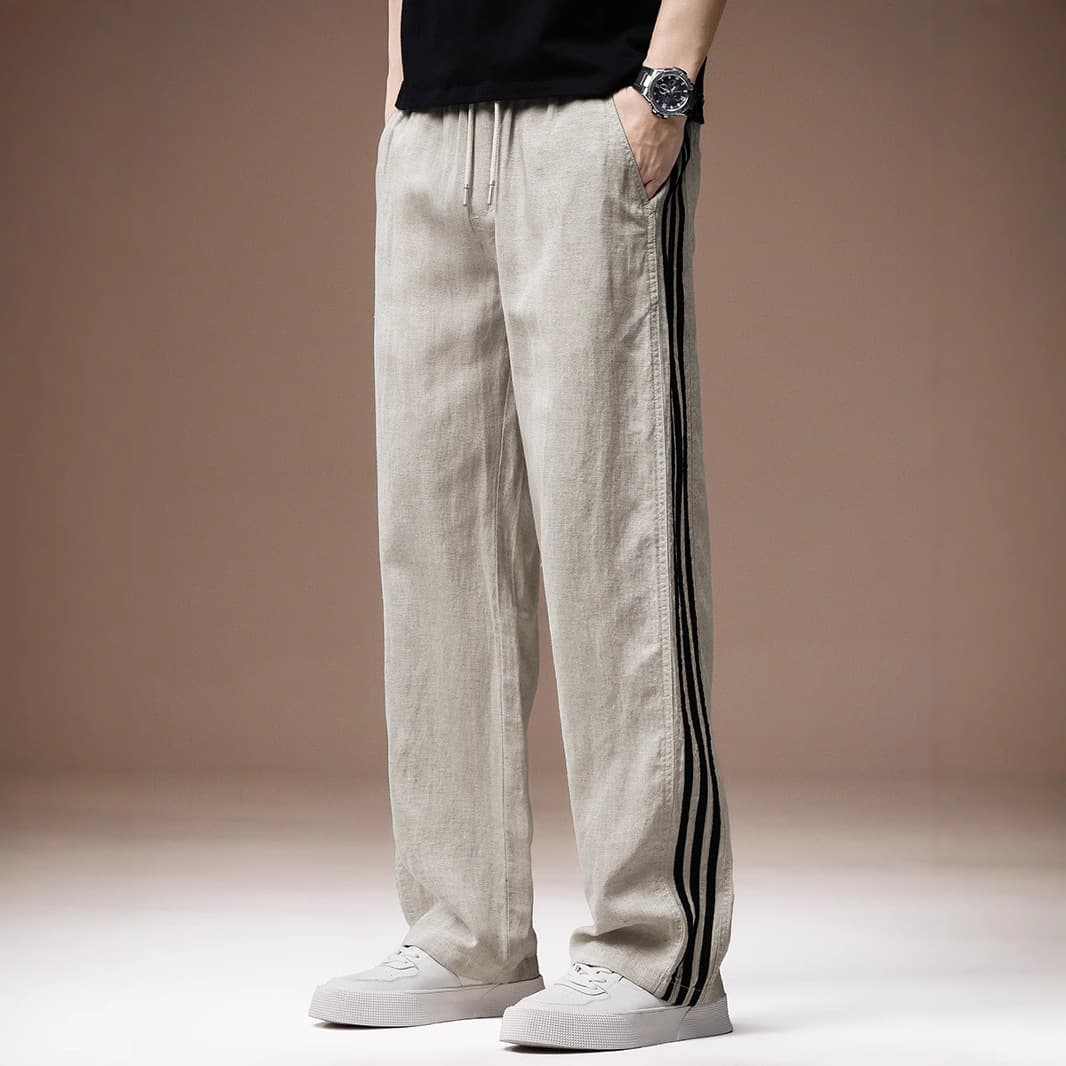 High-End Linen Straight Quick-Drying Casual Pants for Men Summer Thin Lyocell Tencel Loose Three-Stripe Pants for Men