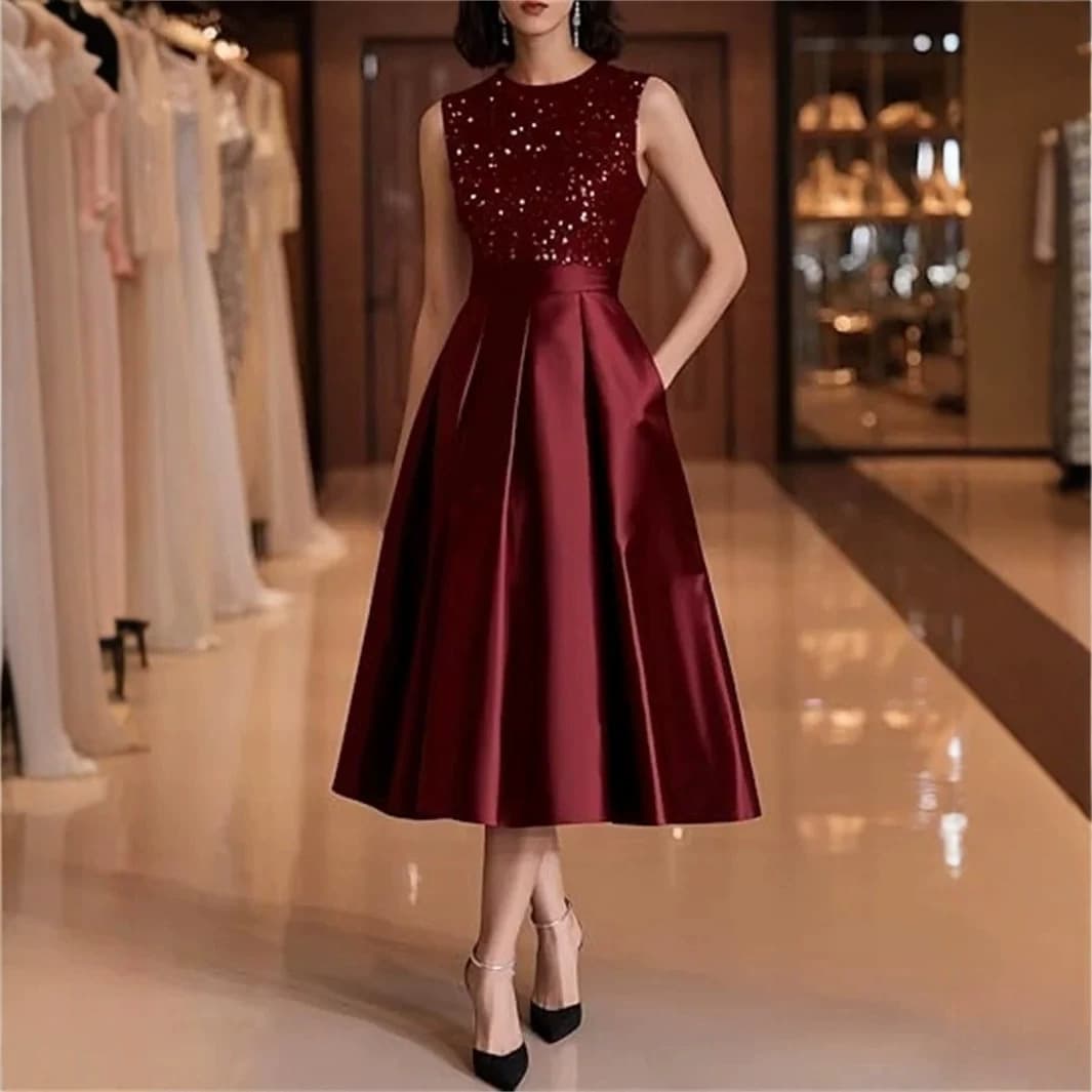 Foreign Trade Wine Red Satin Toast Dress for Bride Wedding Engagement Return Visit Sleeveless Medium Length Slimming High-End Sense