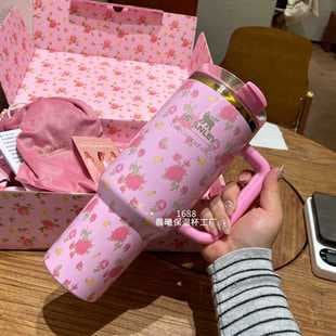 Stanley Cross-border Insulated Cup 40oz Small Floral Fine Sparkle Lid Body Handle Stanley Car Cup Pink
