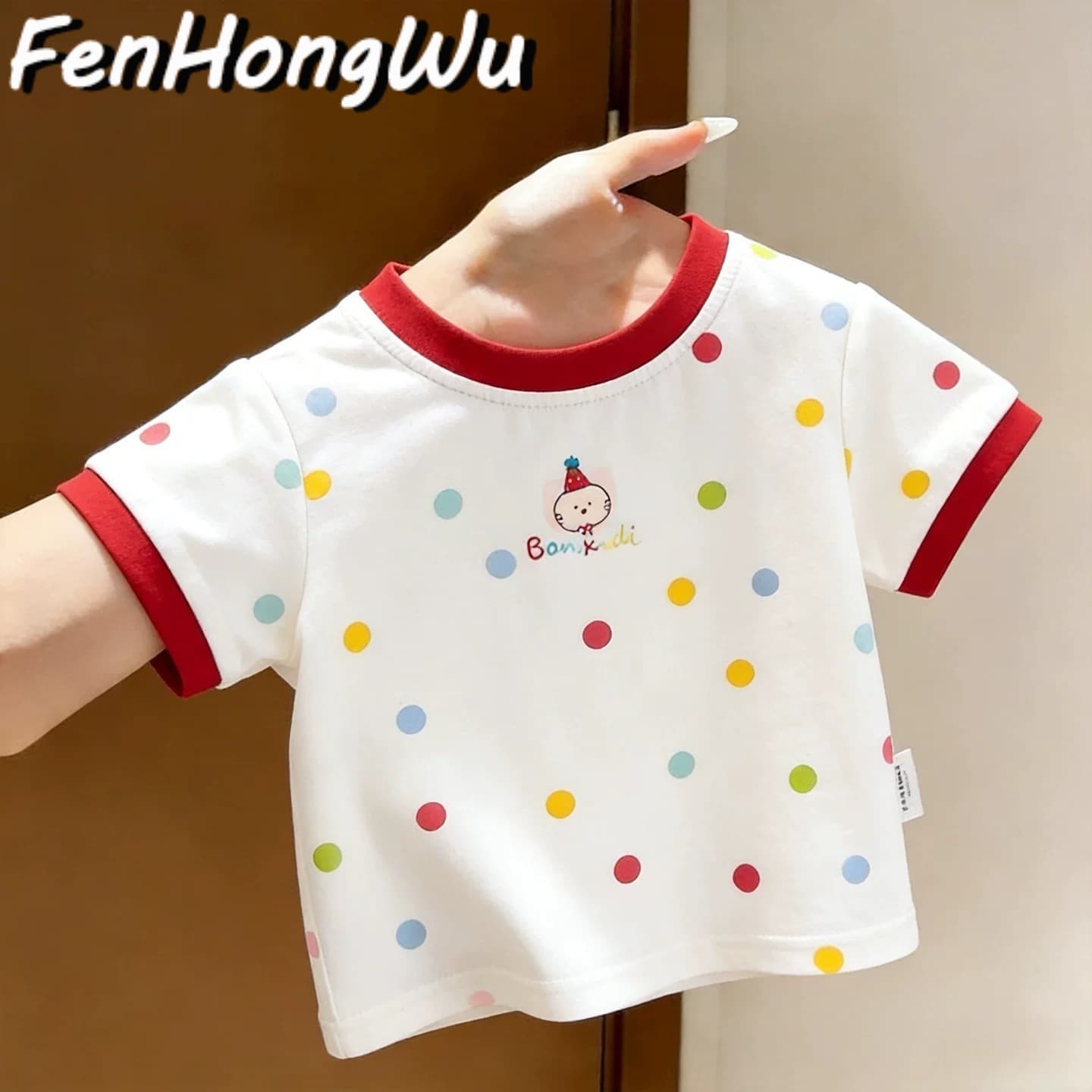 Pink House Girls Short Sleeve Summer 2026 Polka Dot Round Neck Contrast Color Cute Stylish Versatile Top Toddler T-Shirt