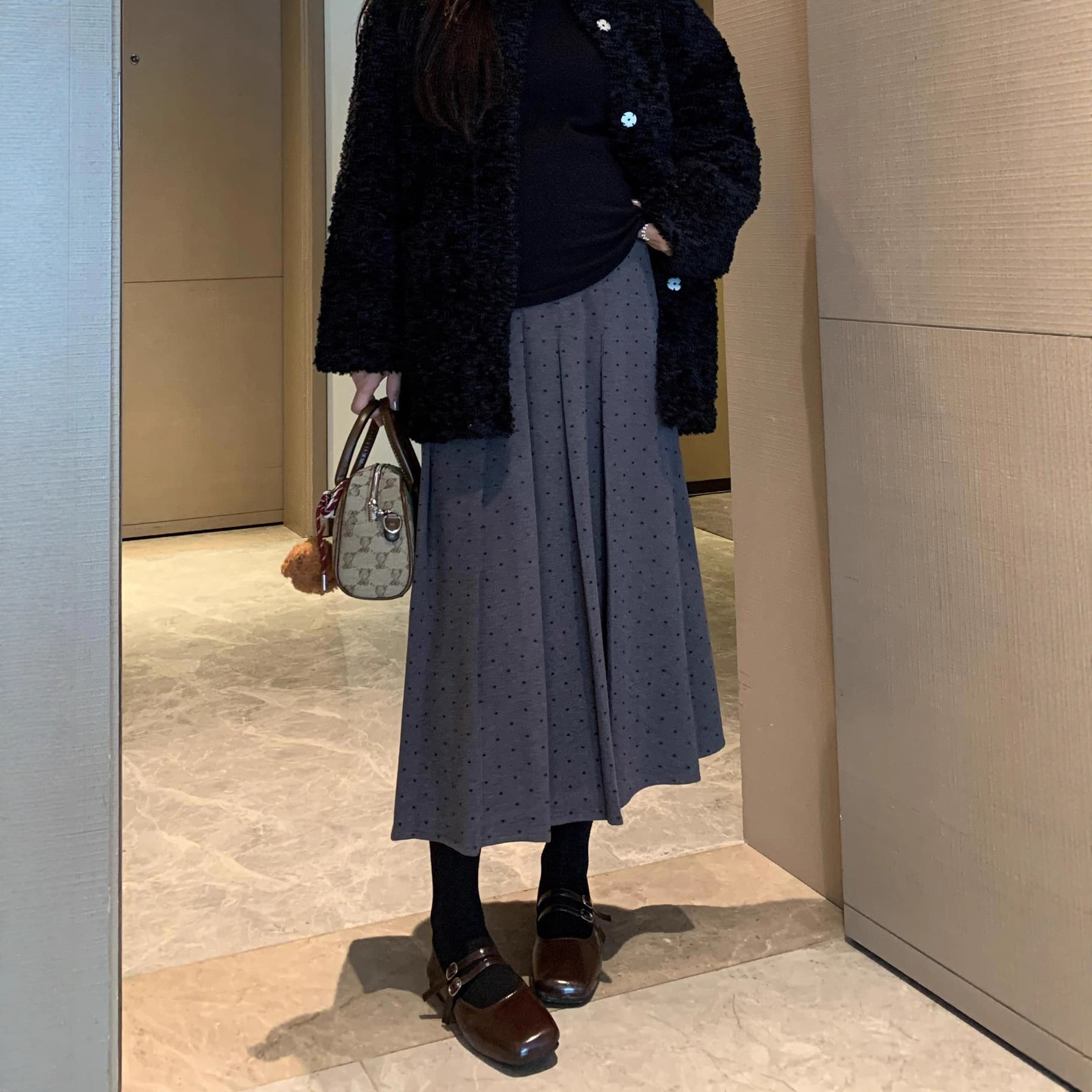 Maternity Gray Polka Dot Wool Blend Pleated Skirt High-Waist Belly Support Slimming Pear-Shaped Figure Mid-Length A-Line Skirt