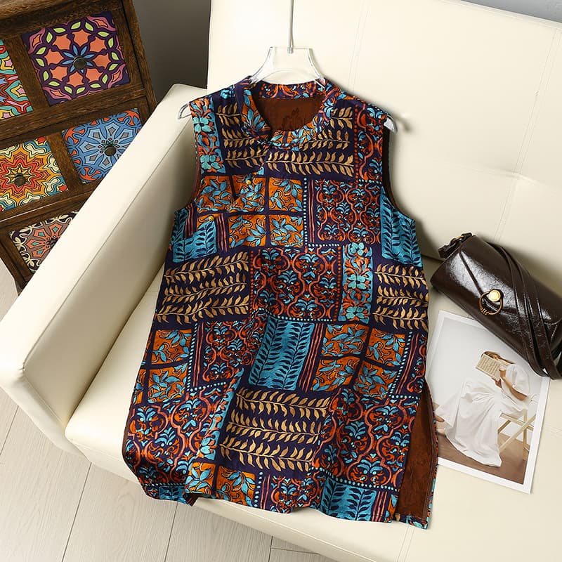 Viscose Xiangyun Gauze New Chinese Style Top for Women, Vintage Slanted Front with Frog Buttons, Jacquard National Style Blouse, Summer Mid-Length T-Shirt