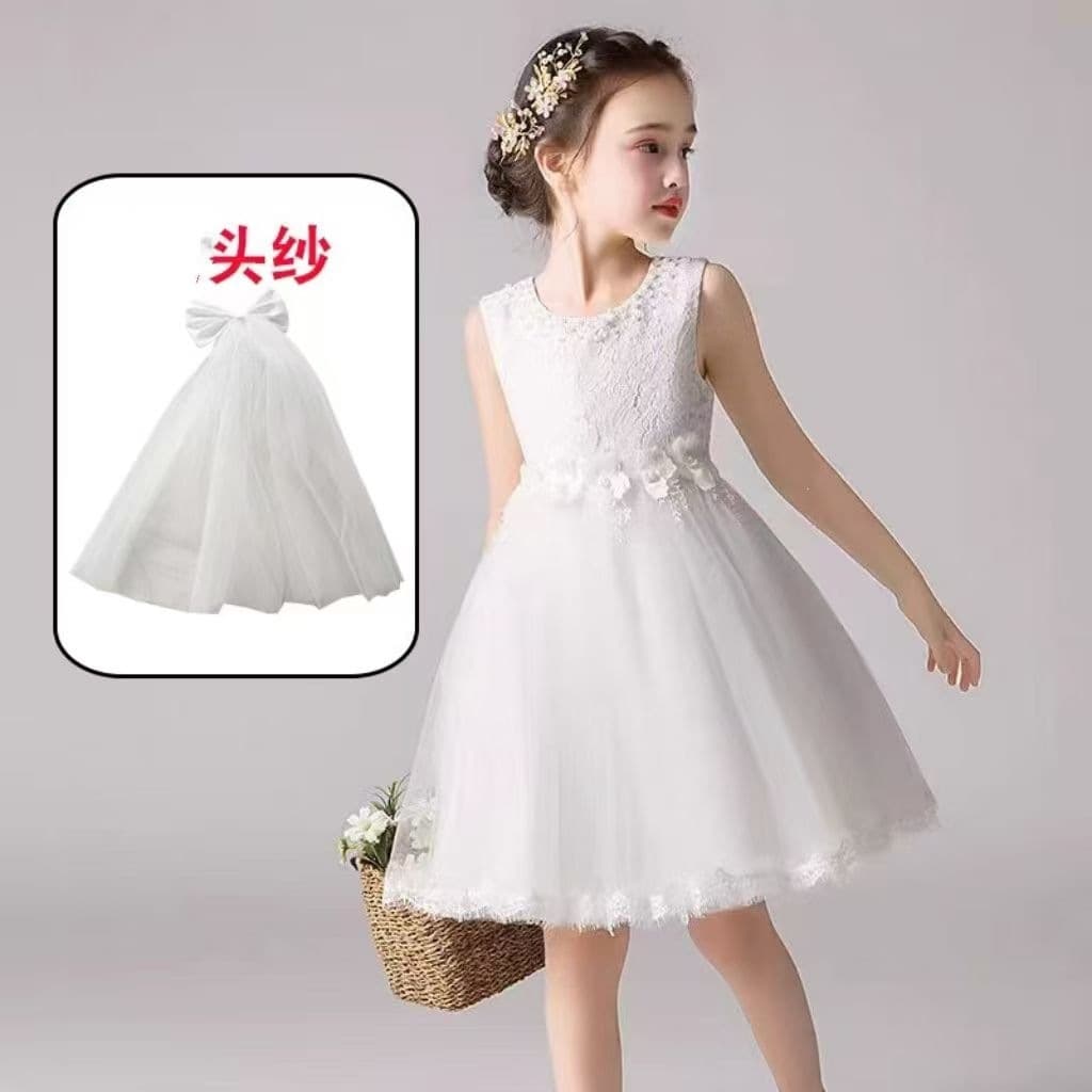 Girls Princess Dress Children's Summer Wedding Gown Little Host Performance Tutu Tulle Dress White Performance Costume Children's Day